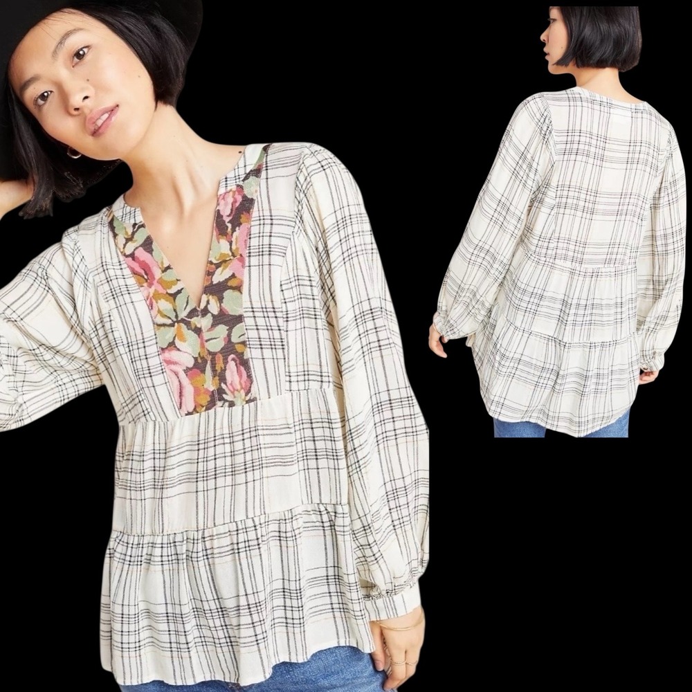 Anthropologie‎ Darlene Plaid Peasant Floral 16% Wool Blouse SP Small Petite #35